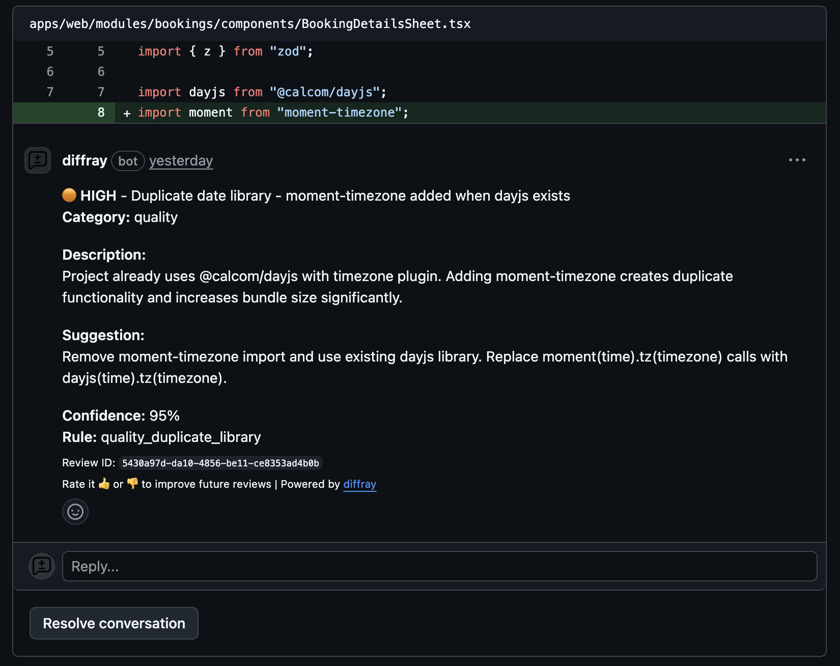 diffray detecting duplicate library - moment-timezone when dayjs already exists