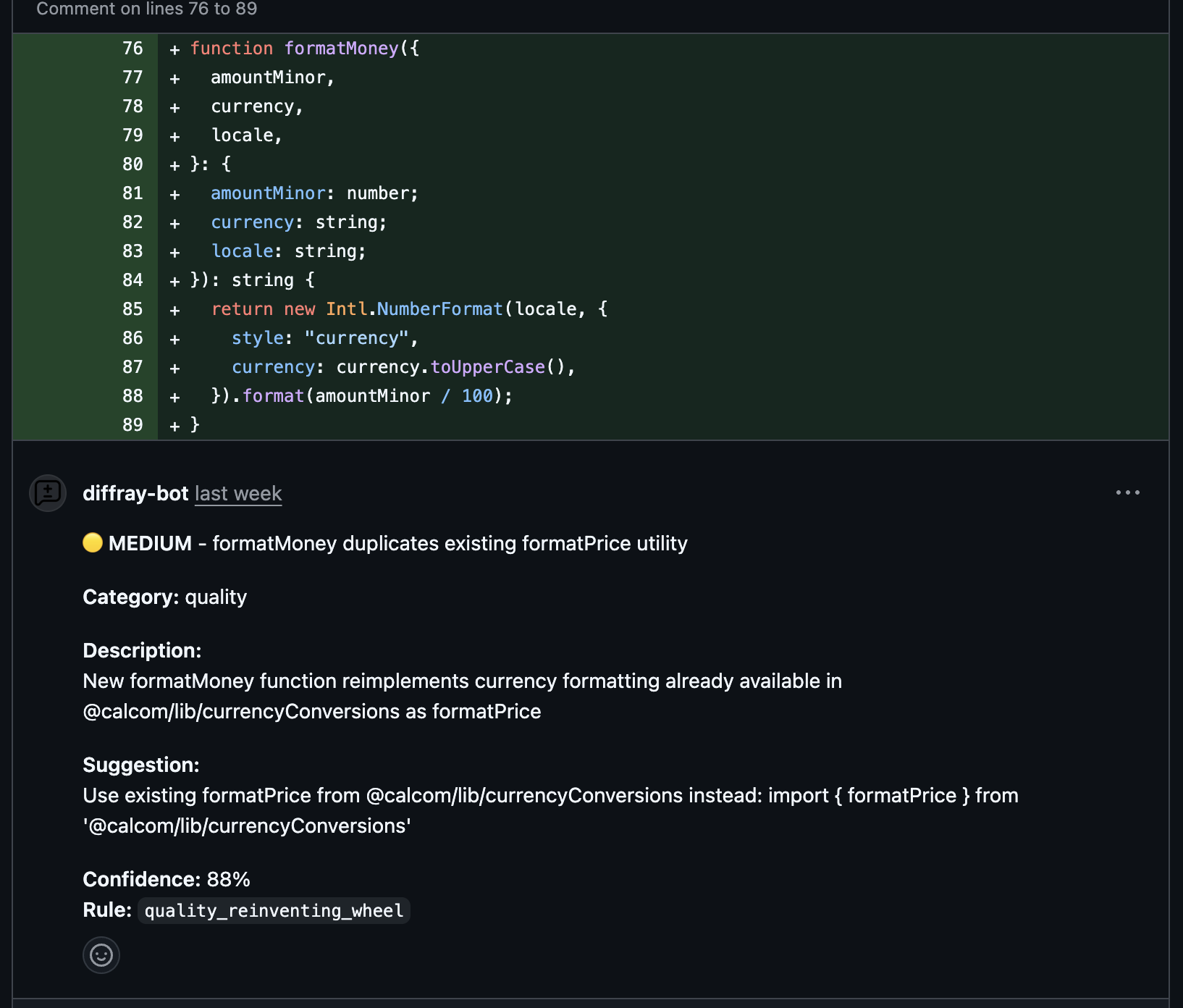 diffray detecting duplicate formatMoney function